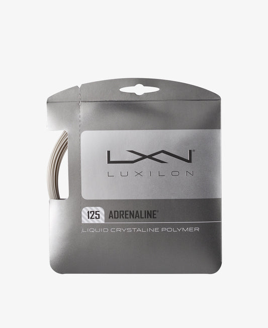 A set of Luxilon Adrenaline 130 Tennis String in platinum colour available for sale at GSM Sports.