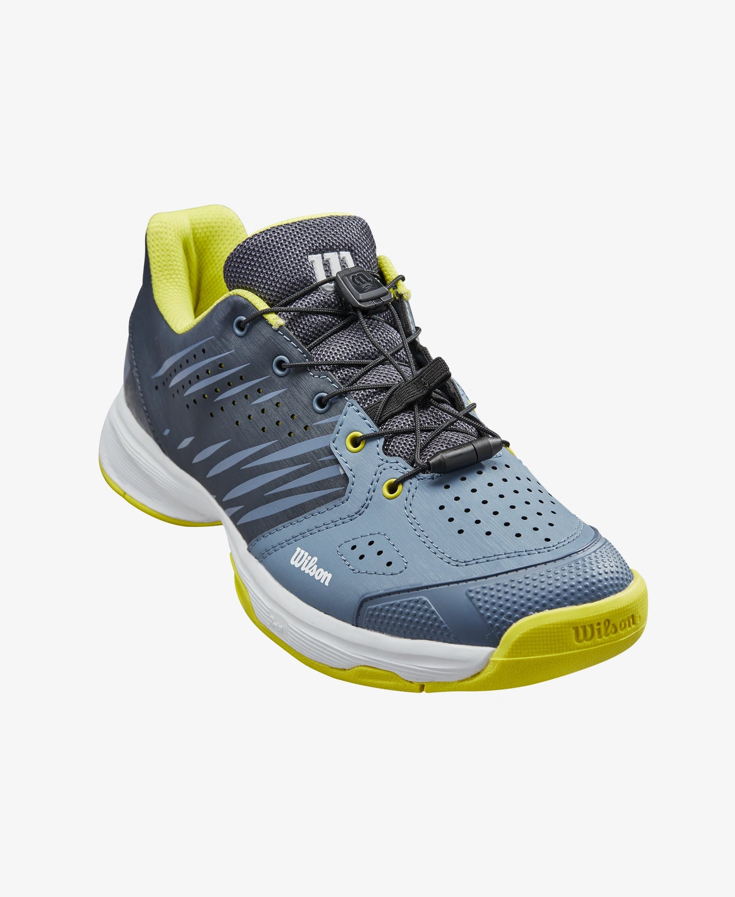 The Wilson Kaos 2.0 QL Junior Tennis Shoes in china blue, India ink and sulphur spring colour which are available for sale at GSM Sports.