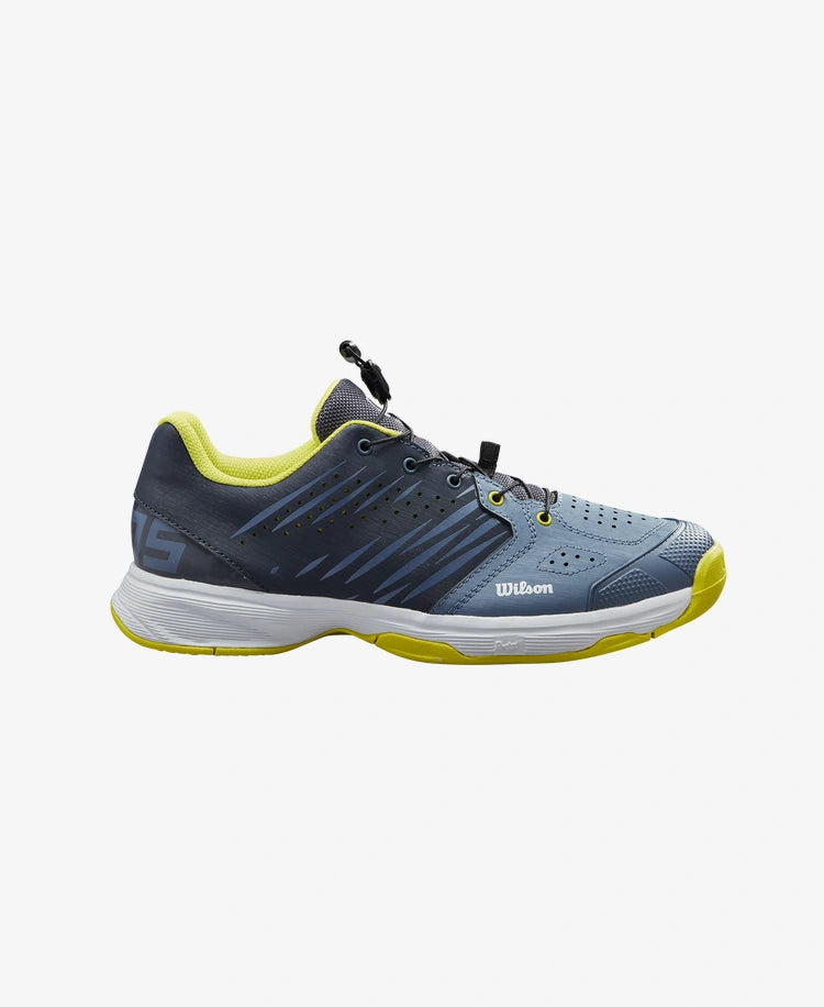 The Wilson Kaos 2.0 QL Junior Tennis Shoes in china blue, India ink and sulphur spring colour which are available for sale at GSM Sports.