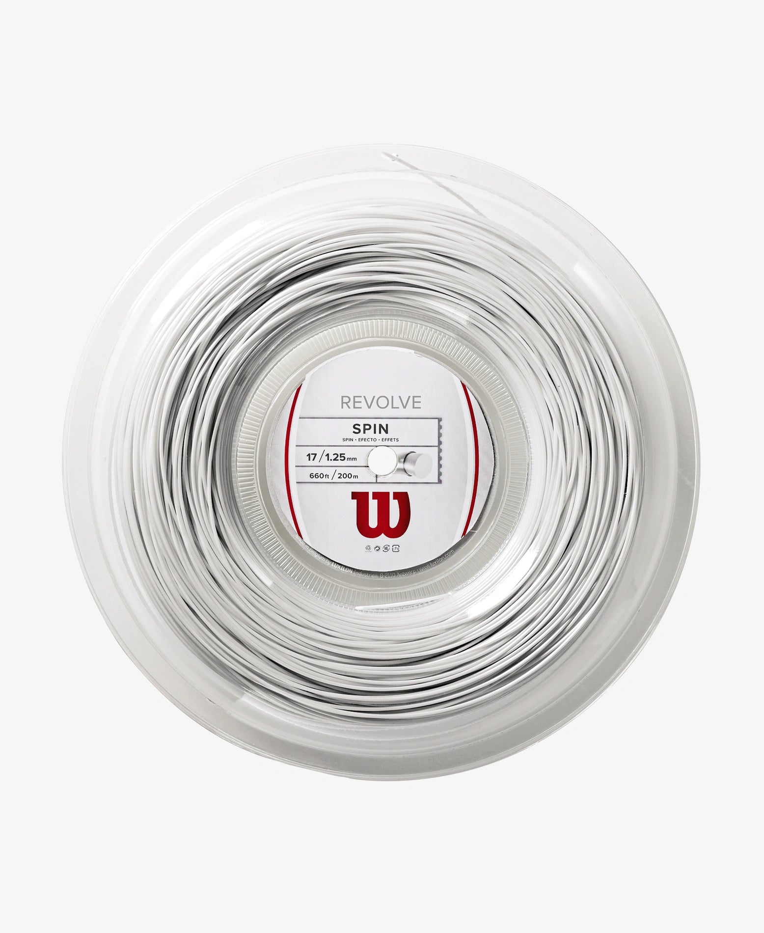 A 200m Reel of Wilson Revolve 17 Tennis String in white available for sale at GSM Sports.
