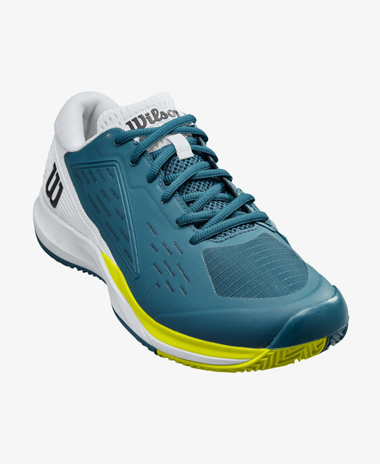 The Wilson Rush Pro Ace Clay Mens Tennis Shoe in blue coral, white and sulphur spring which are available for sale at GSM Sports.