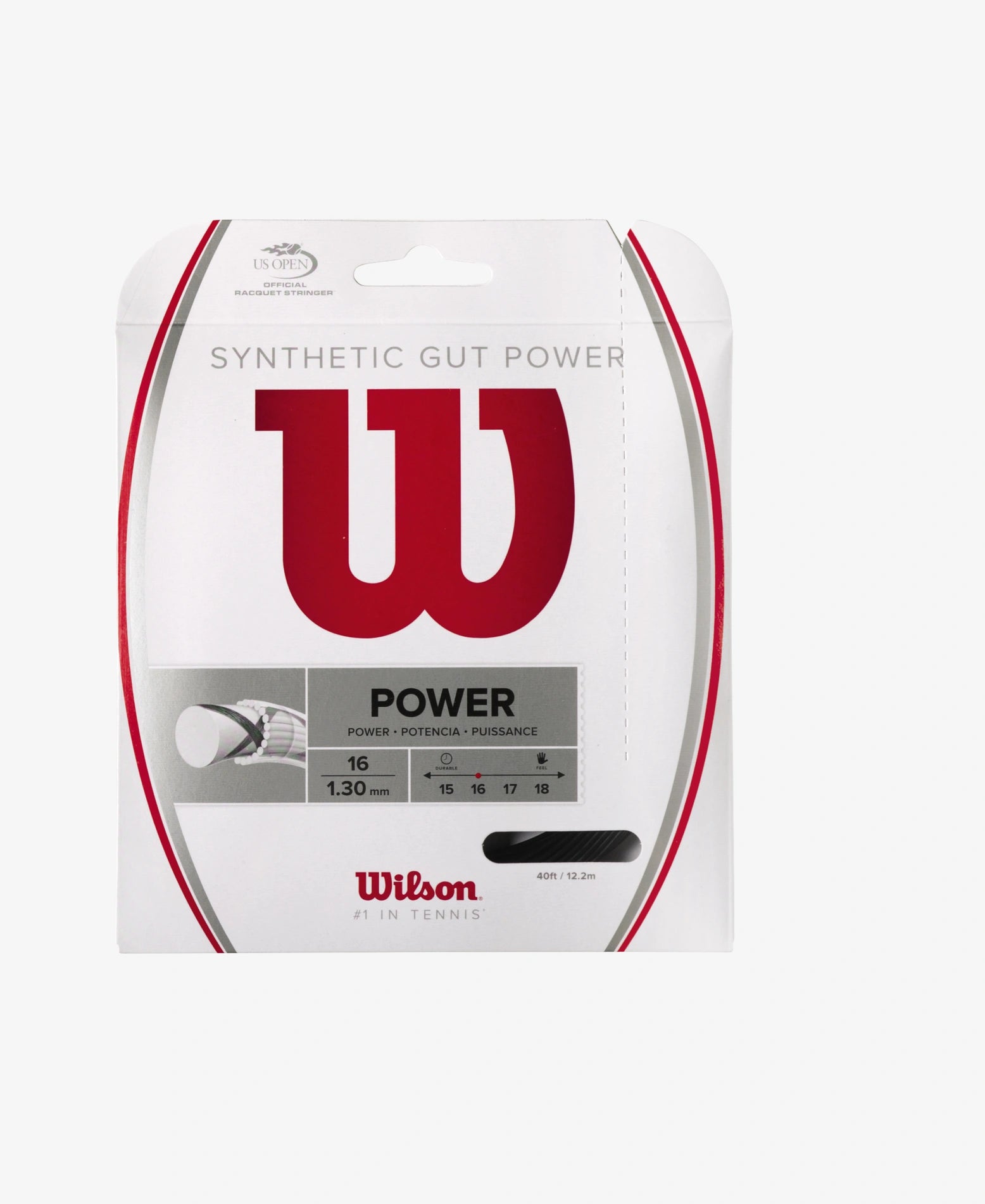 A set of Wilson Synthetic Gut Power 16 Tennis String in black available for sale at GSM Sports.
