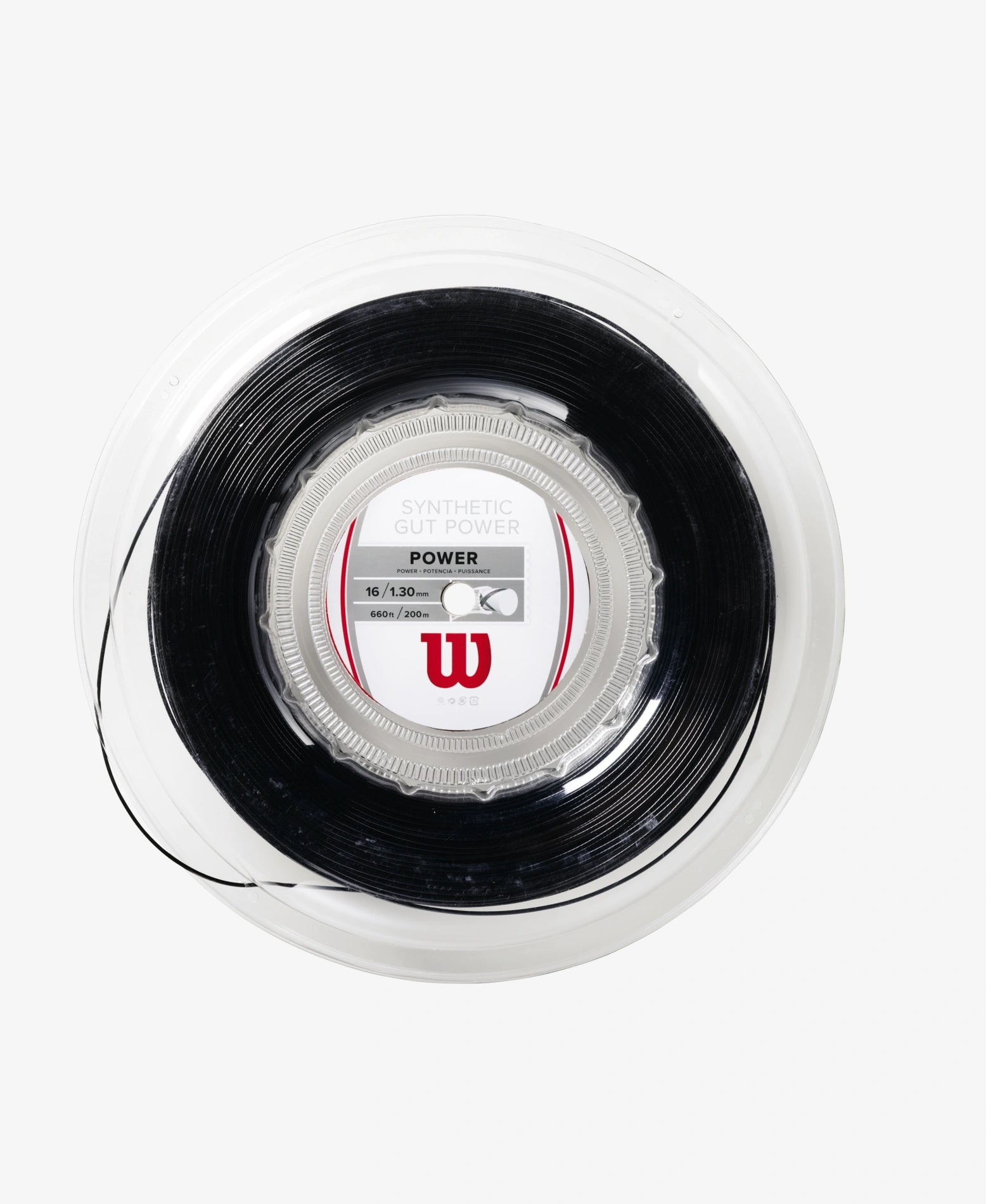 A 200 metre reel of Wilson Synthetic Gut Power 16 Tennis String in black colour which is available for sale at GSM Sports.