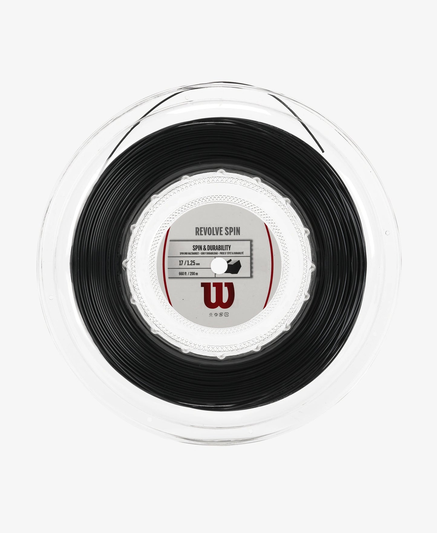 A 200 metre reel of Wilson Revolve Spin 17 Tennis String available for sale at GSM Sports.