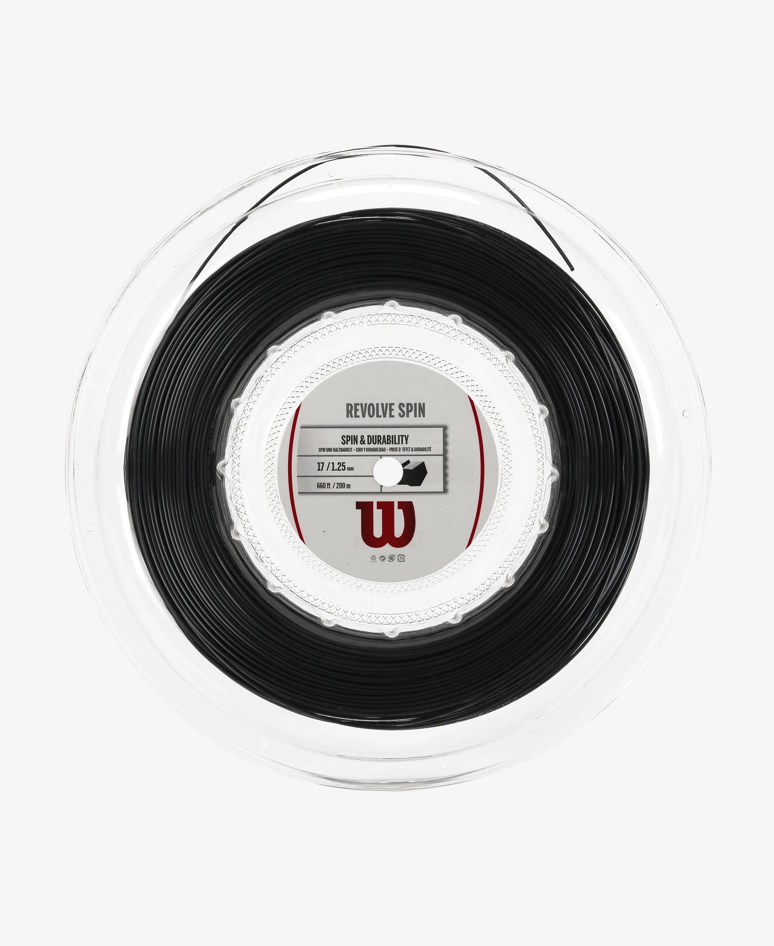 A 200 metre reel of Wilson Revolve Spin 17 Tennis String available for sale at GSM Sports.