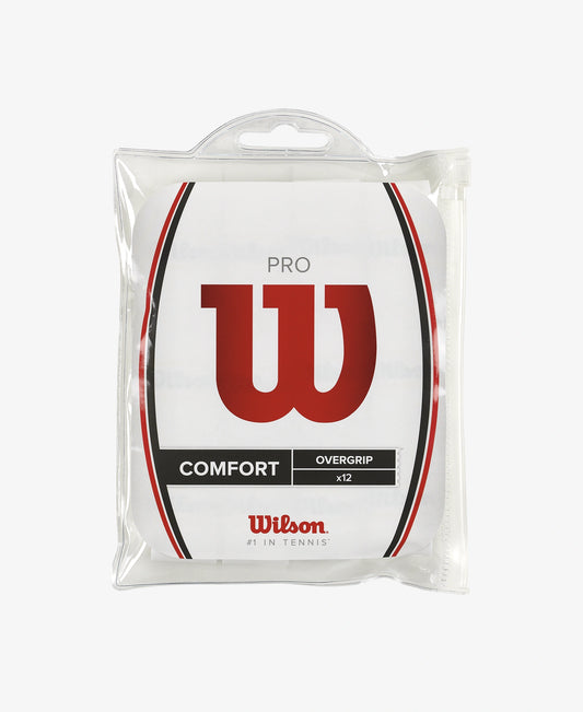 A pack of 12 Wilson Pro Overgrip in white available for sale at GSM Sports.