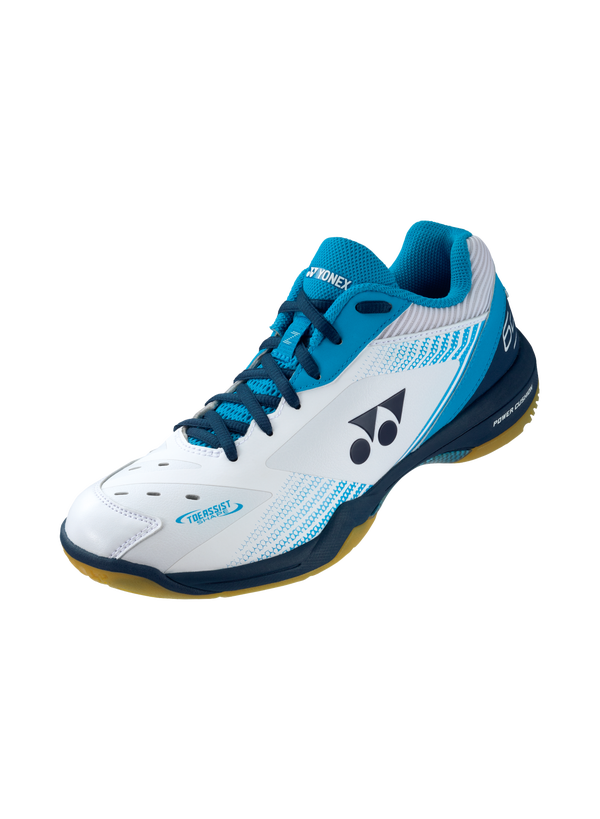 The Yonex Power Cushion 65 Z Mens Badminton Shoes in white and ocean blue colour which are available for sale at GSM Sports.