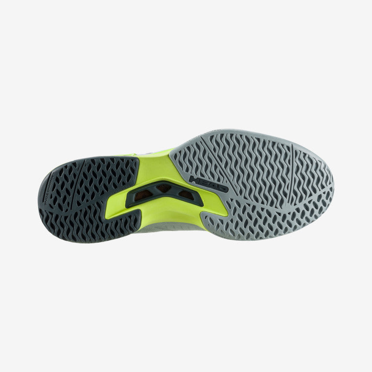 The sole of The Head Sprint Pro 3.5 Mens Tennis Shoe in Grey and Yellow which are available for sale at GSM Sports