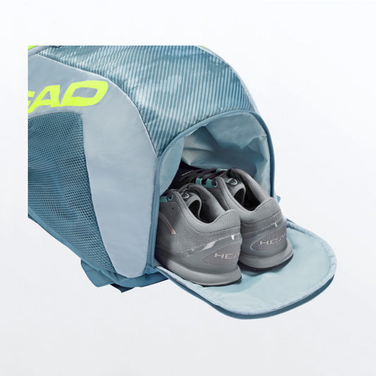 The Head Tour Team Extreme Backpack that is available at GSM Sports with shoes in for illustrative purposes