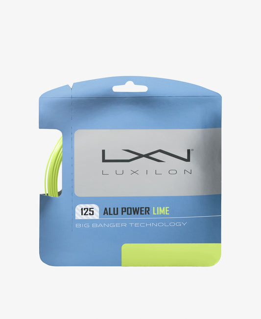 A set of Luxilon Alu Power 125 Tennis String in lime colour available for sale at GSM Sports.      