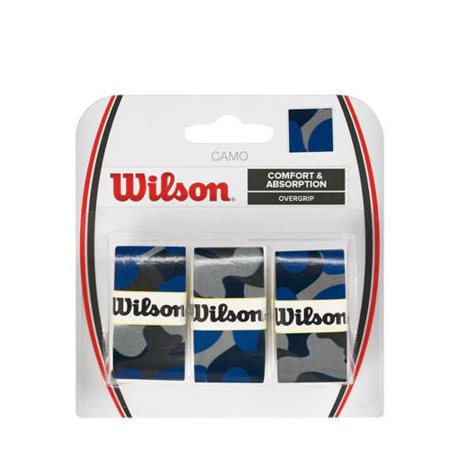 A 3 pack of Wilson Camo Overgrips in blue and black colour which are available for sale at GSM Sports.     