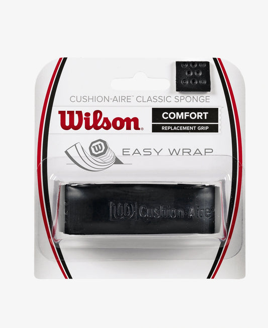 The Wilson Cushion-Aire Classic Sponge Replacement Grip in black available for sale at GSM Sports.    