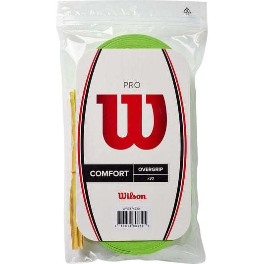 A 30 pack of Wilson Pro Overgrip in green colour which is available for sale at GSM Sports.  