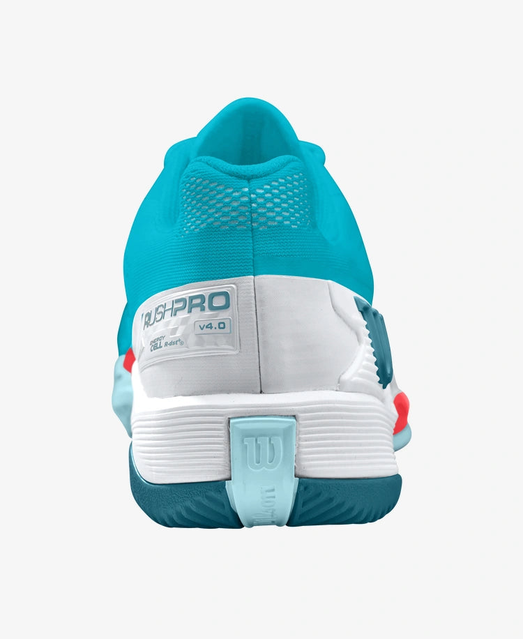 The Wilson Rush Pro 4.0 Womens Tennis Shoe- Scuba Blue / White / Fiery Coral Tn available for sale at GSM Sports.