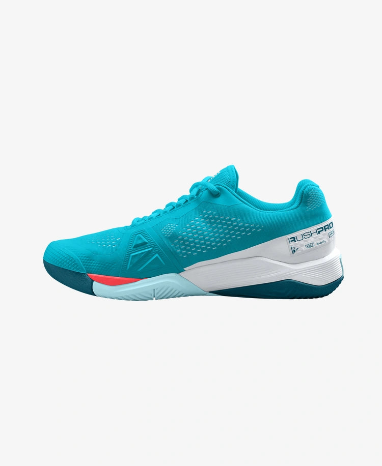 The Wilson Rush Pro 4.0 Womens Tennis Shoe- Scuba Blue / White / Fiery Coral Tn available for sale at GSM Sports.