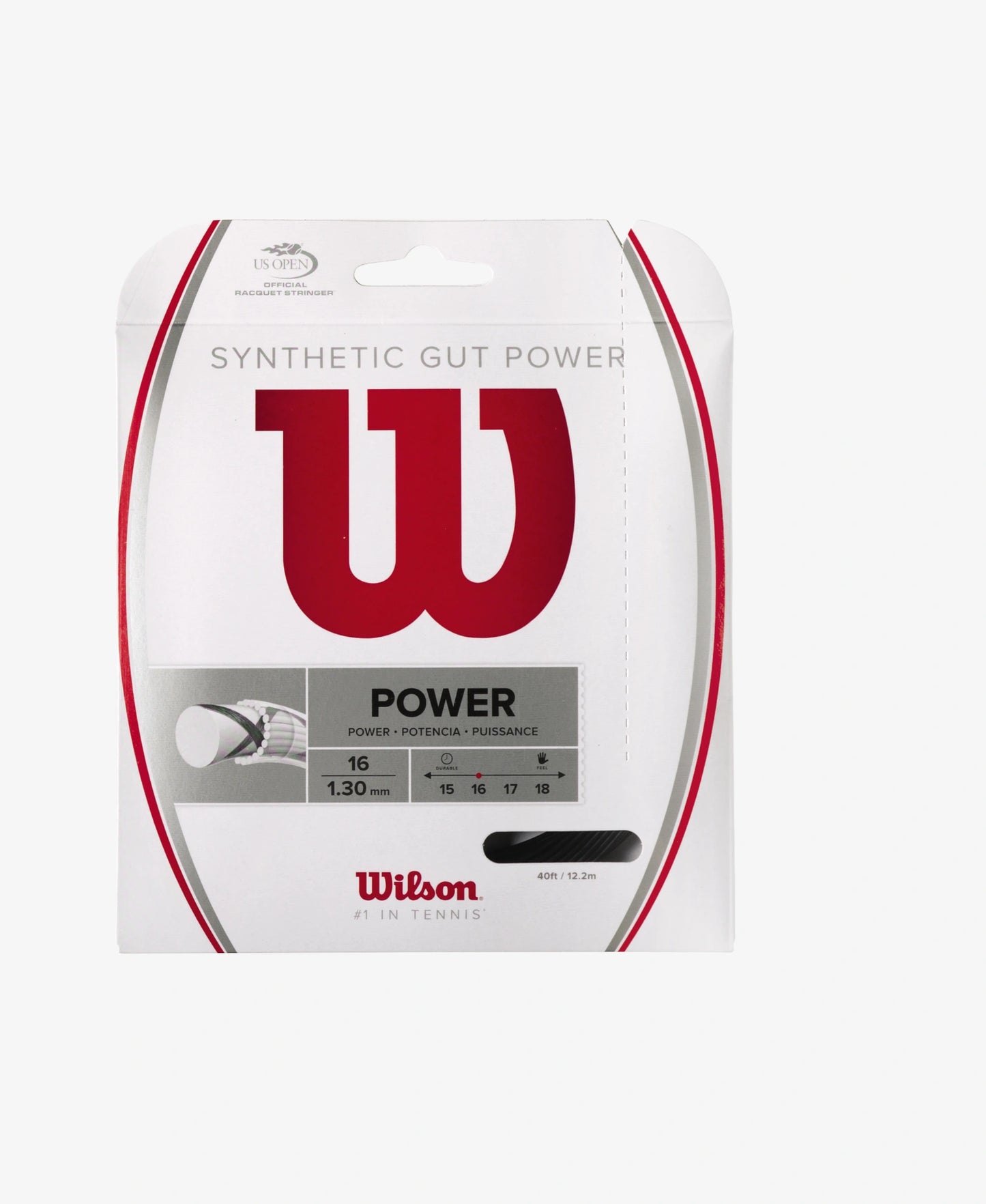 A set of Wilson Synthetic Gut Power 16 Tennis String in black available for sale at GSM Sports.   