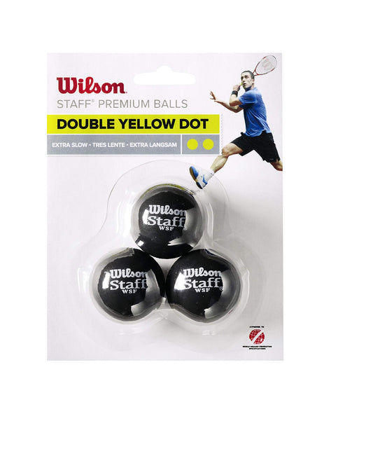 The Wilson Staff Double Yellow Dot Squash Ball- Pack of 3 Balls available for sale at GSM Sports.   
