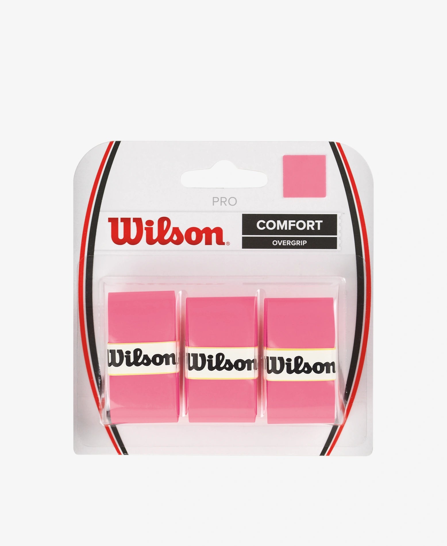 A 3 pack of Wilson Pro Overgrips in pink available for sale at GSM Sports.