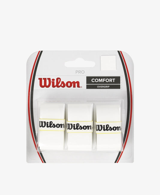 A 3 pack of Wilson Pro Overgrips in white available for sale at GSM Sports.      