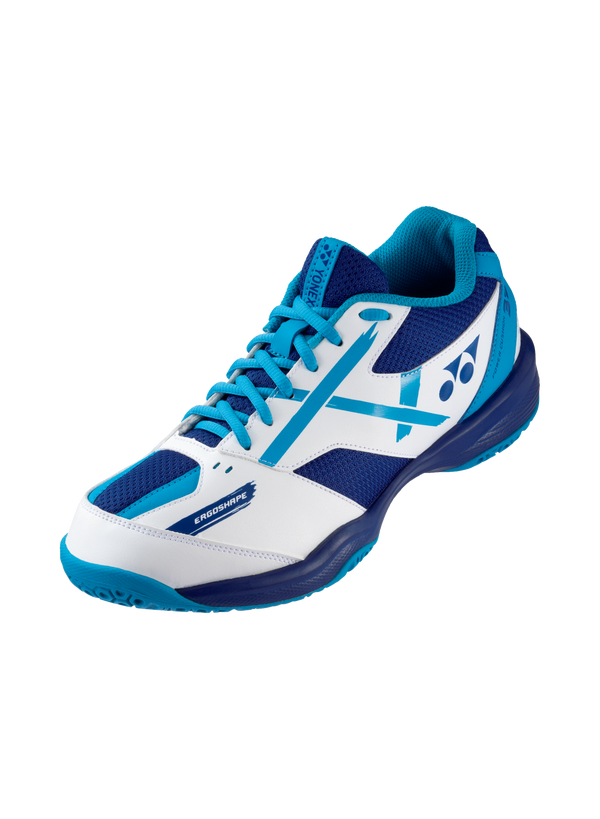 The Yonex Power Cushion 39 Badminton Shoes in white and blue available for sale at GSM Sports.   