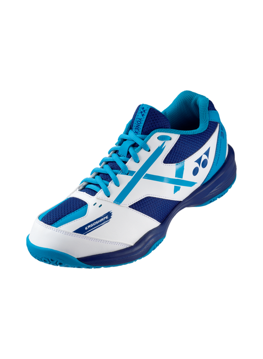 The Yonex Power Cushion 39 Badminton Shoes in white and blue available for sale at GSM Sports.   