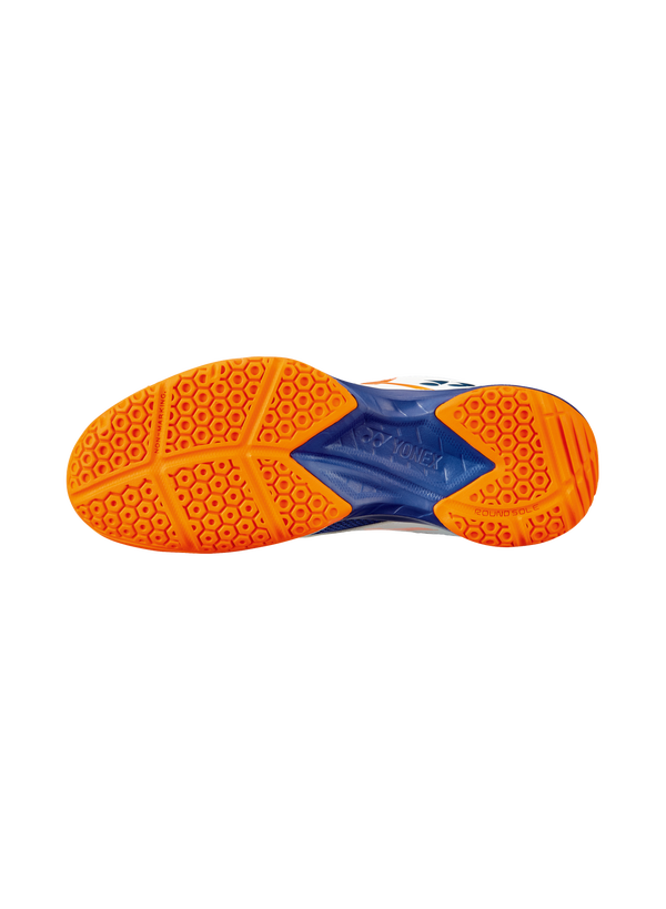 The Yonex Power Cushion 39 Badminton Shoes in White and Orange colour which are available for sale at GSM Sports.