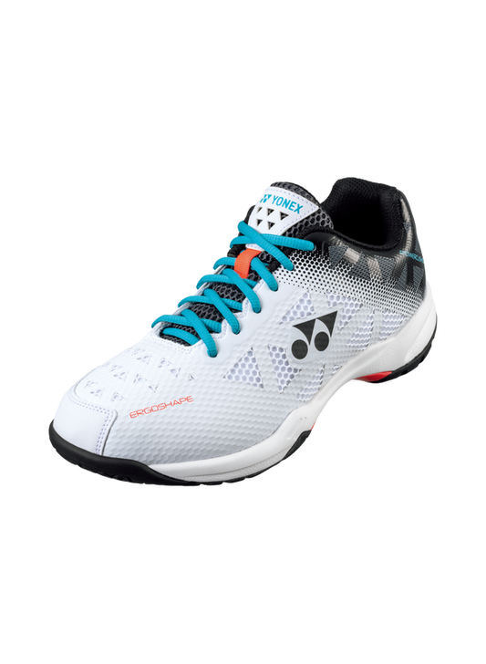 The Yonex Power Cushion 50 Unisex Badminton Shoes in white and mint colour which are available for sale at GSM Sports.  