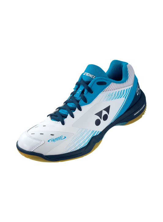 The Yonex Power Cushion 65 Z Mens Badminton Shoes in white and ocean blue colour which are available for sale at GSM Sports.   