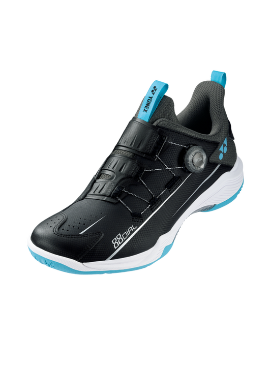 The Yonex Power Cushion 88 Dial Wide Badminton Shoe in black and ice blue colour which are available for sale at GSM Sports.   