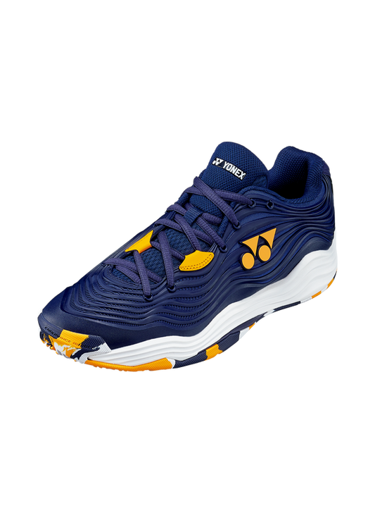 The Yonex Power Cushion FushionRev 5 Mens Clay Tennis Shoes in navy and orange colour which are available for sale at GSM Sports.      