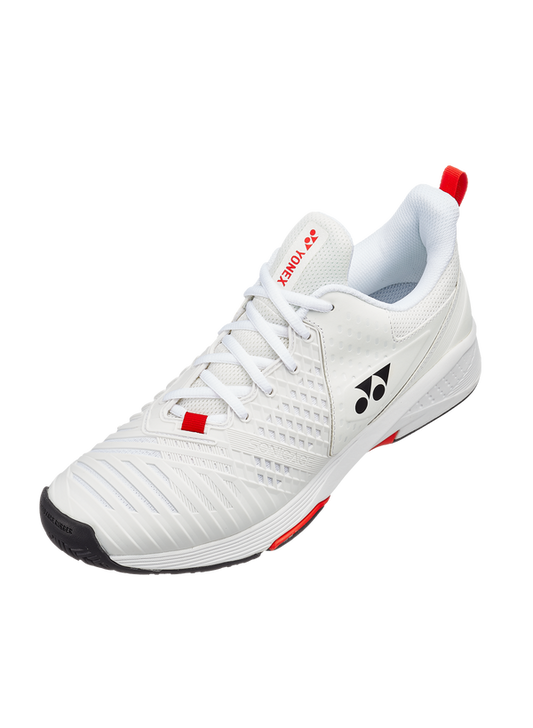 The Yonex Power Cushion Sonicage 3 Mens Tennis Shoes in white and red colour which are available for sale at GSM Sports.  